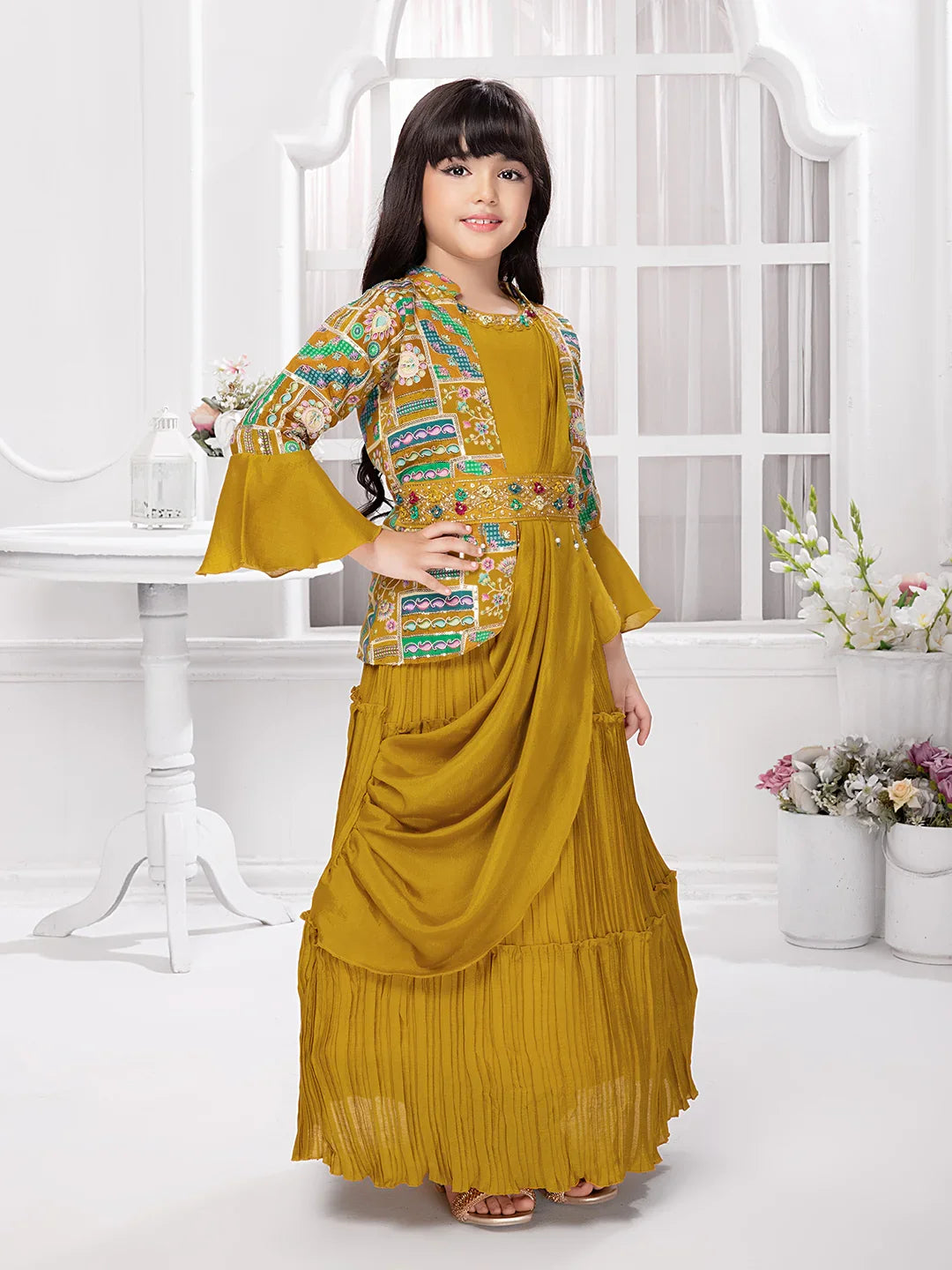 Mustard Gown Set with Embroidered Jacket & Belt – Girls' Ethnic Fusion Outfit
