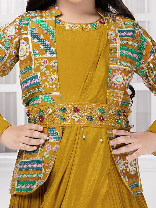 Mustard Gown Set with Embroidered Jacket & Belt – Girls' Ethnic Fusion Outfit