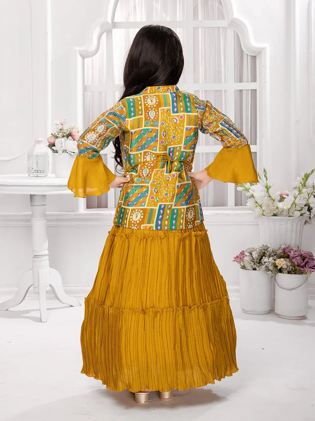 Mustard Gown Set with Embroidered Jacket & Belt – Girls' Ethnic Fusion Outfit