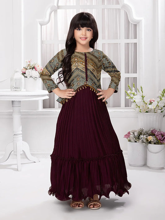 Betty Maroon Printed Jacket Style Gown for Girls – Festive Ethnic Dress