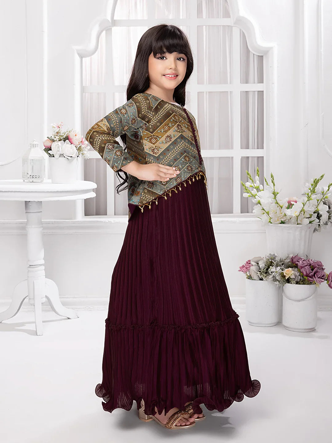 Betty Maroon Printed Jacket Style Gown for Girls – Festive Ethnic Dress