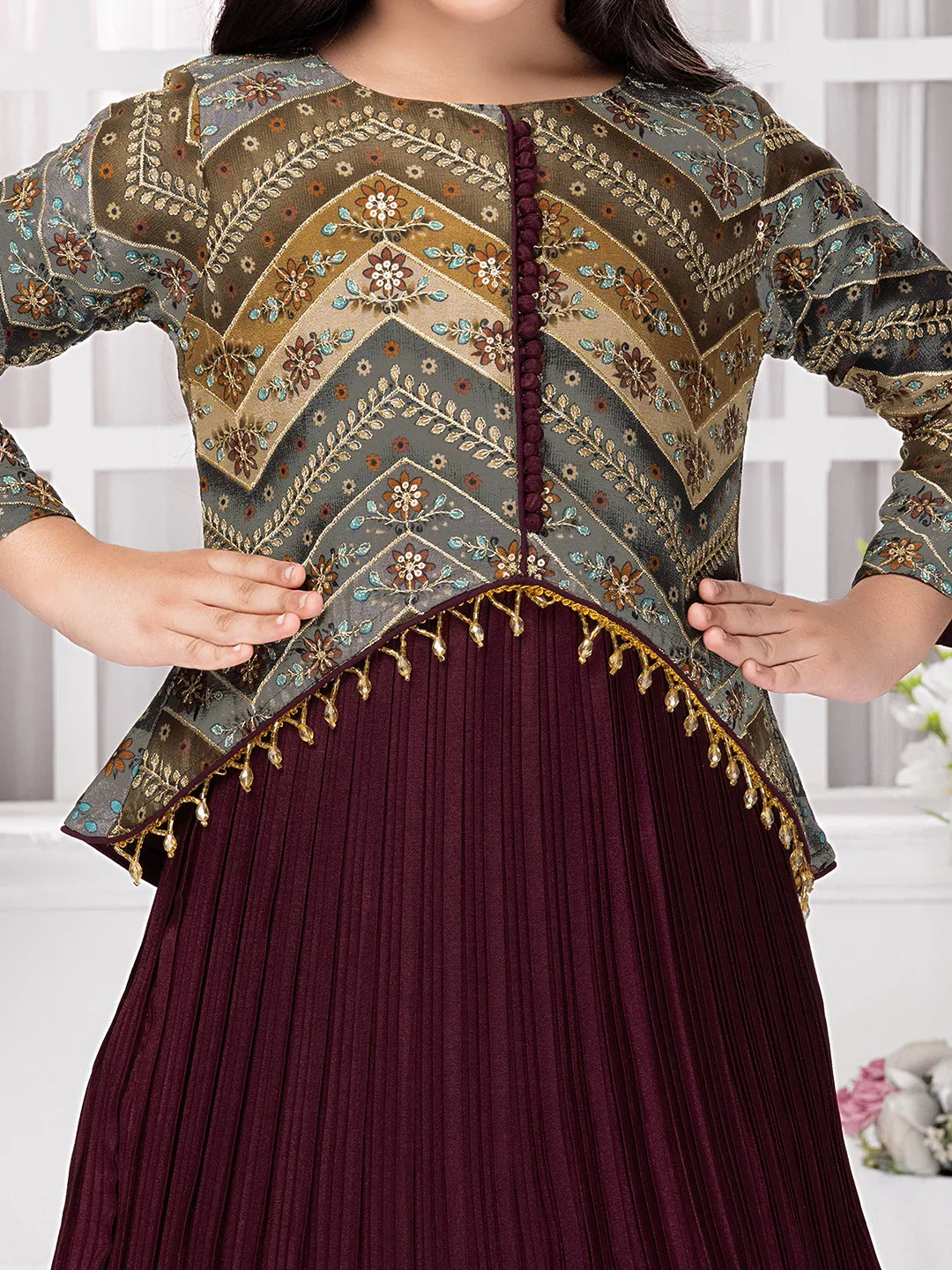 Betty Maroon Printed Jacket Style Gown for Girls – Festive Ethnic Dress