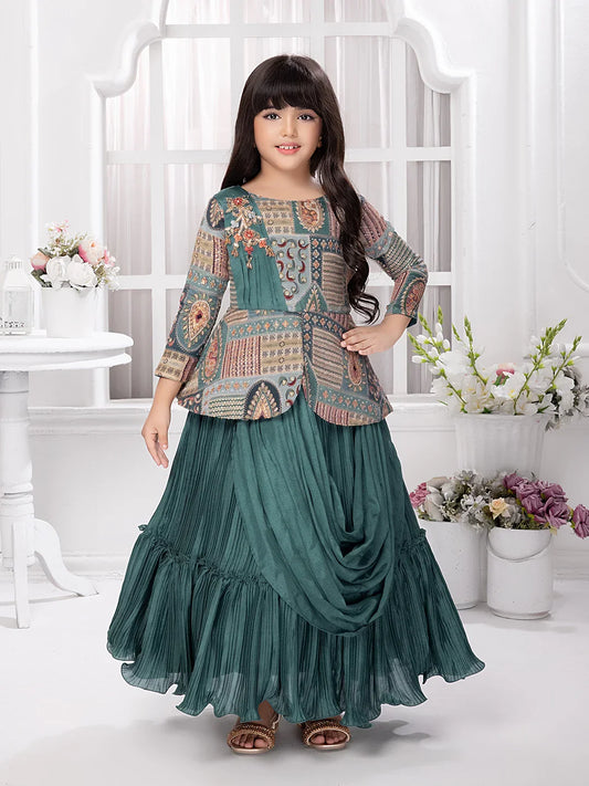 Betty Girls’ Green Ethnic Printed Flared Gown with Drape – Festive Wear.