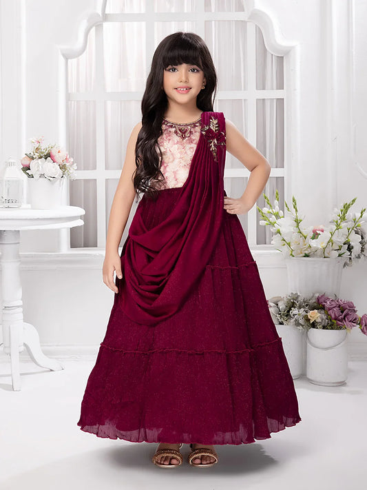 Wine Draped Shoulder Gown for Girls – Sleeveless Party & Festive Dress