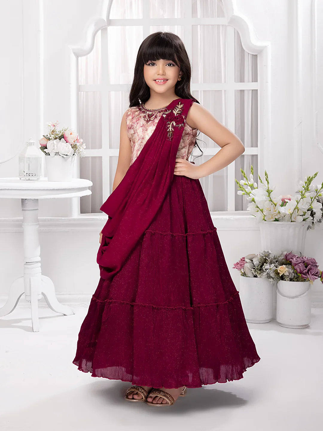 Wine Draped Shoulder Gown for Girls – Sleeveless Party & Festive Dress
