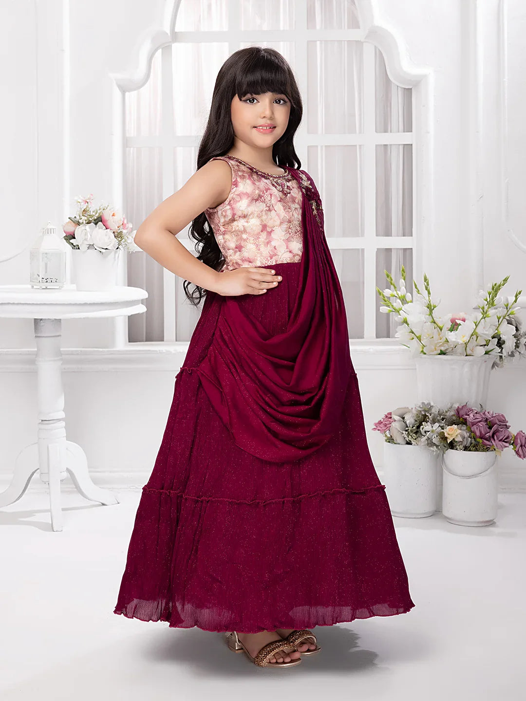 Wine Draped Shoulder Gown for Girls – Sleeveless Party & Festive Dress