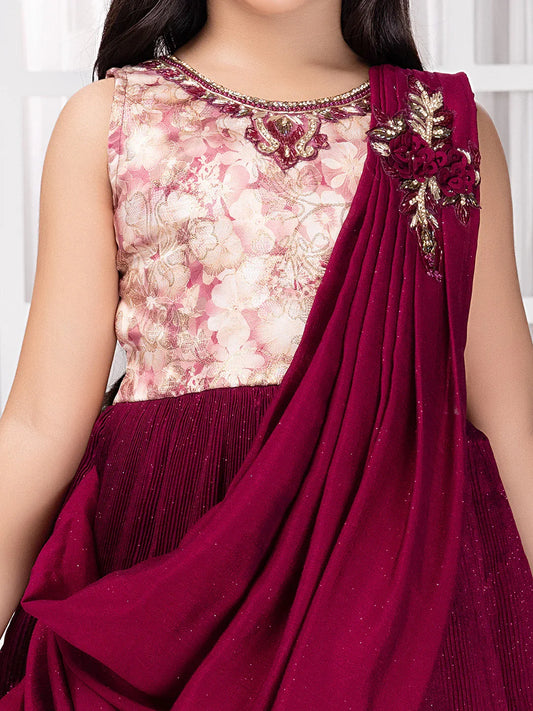 Wine Draped Shoulder Gown for Girls – Sleeveless Party & Festive Dress