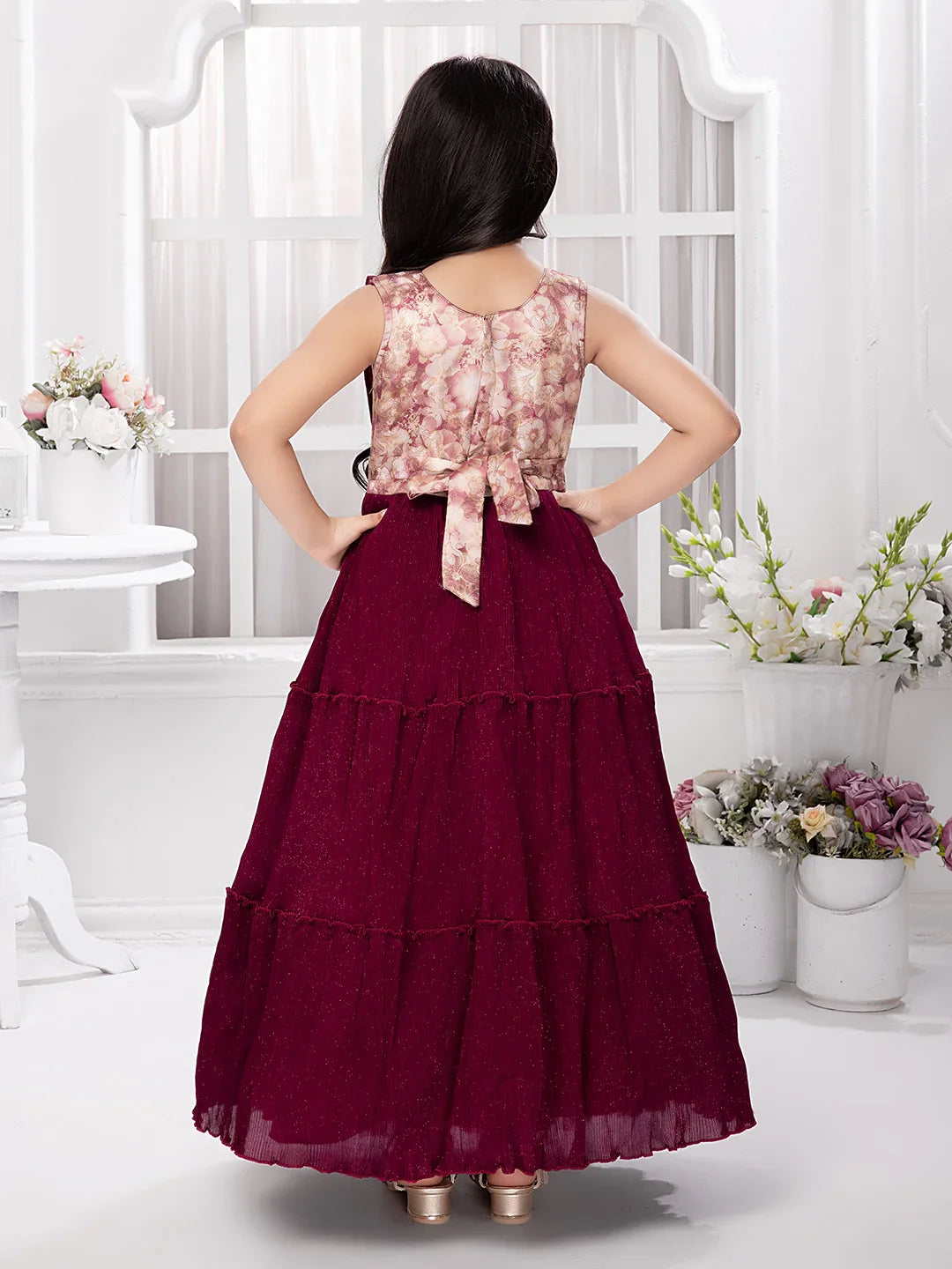 Wine Draped Shoulder Gown for Girls – Sleeveless Party & Festive Dress