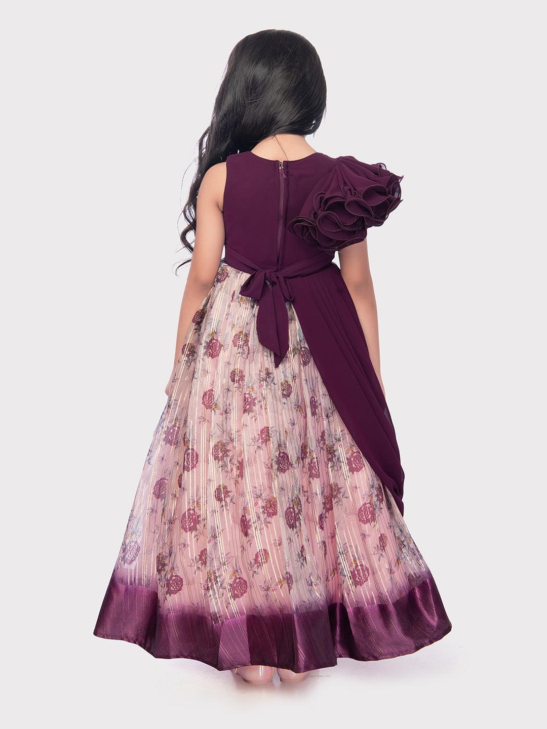 Flower Style Sleeves One Side With Dupatta On Other Side Ethnic Gown Online / Floral Gown For Girls - Betty Ethnic India - Gown - Betty Girls Wear Online