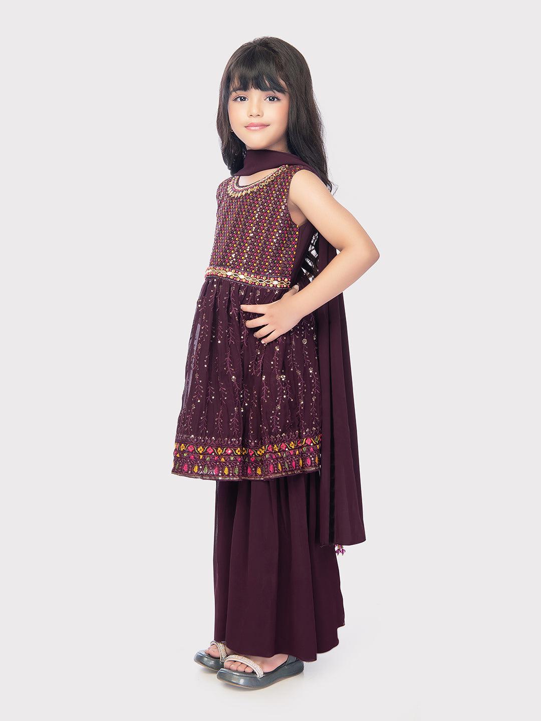 Wine Coloured Embroidered Kurta with Palazzo and Dupatta \Fancy Gharara And Sharara For Girls Online / Palazzo Sets - Betty Ethnic India - Gharara / Sharara Set - Betty Girls Wear Online