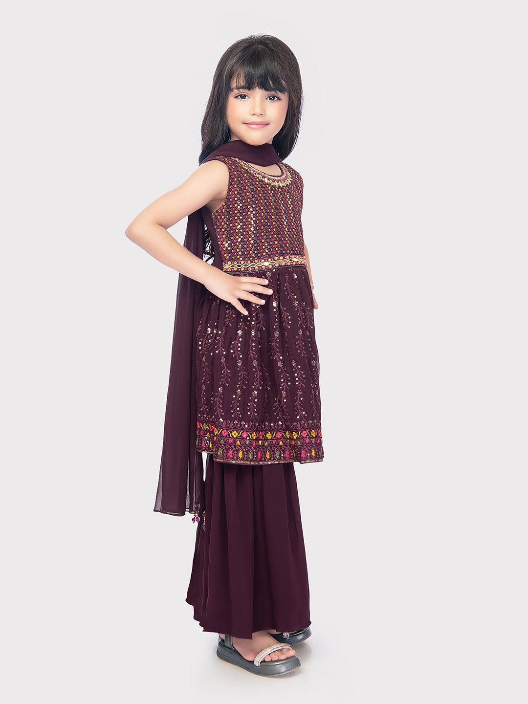 Wine Coloured Embroidered Kurta with Palazzo and Dupatta \Fancy Gharara And Sharara For Girls Online / Palazzo Sets - Betty Ethnic India - Gharara / Sharara Set - Betty Girls Wear Online
