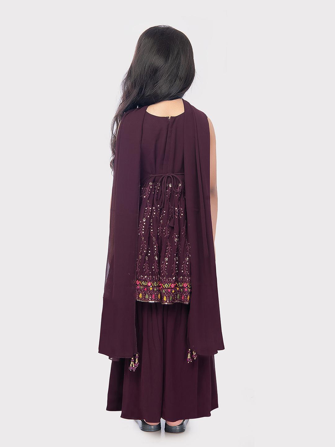 Wine Coloured Embroidered Kurta with Palazzo and Dupatta \Fancy Gharara And Sharara For Girls Online / Palazzo Sets - Betty Ethnic India - Gharara / Sharara Set - Betty Girls Wear Online