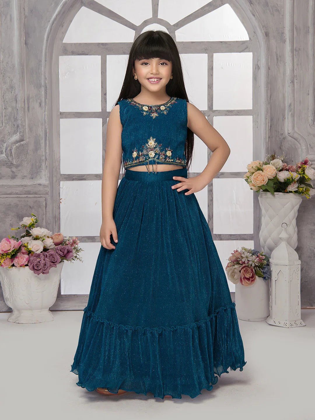 Betty Powder Blue Embroidered Girls' Lehenga Choli Set with Jacket – Ready to Wear (5–15 Years)