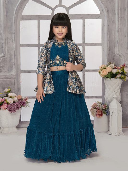 Betty Powder Blue Embroidered Girls' Lehenga Choli Set with Jacket – Ready to Wear (5–15 Years)
