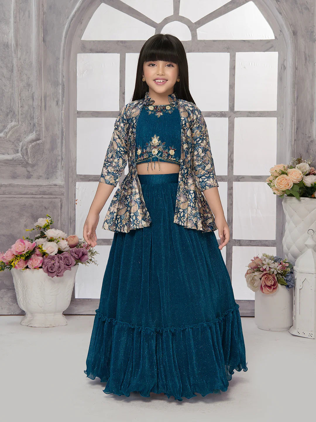 Betty Powder Blue Embroidered Girls' Lehenga Choli Set with Jacket – Ready to Wear (5–15 Years)