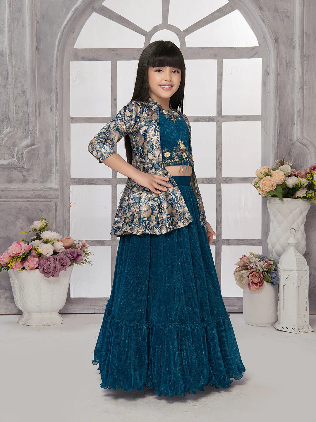 Betty Powder Blue Embroidered Girls' Lehenga Choli Set with Jacket – Ready to Wear (5–15 Years)
