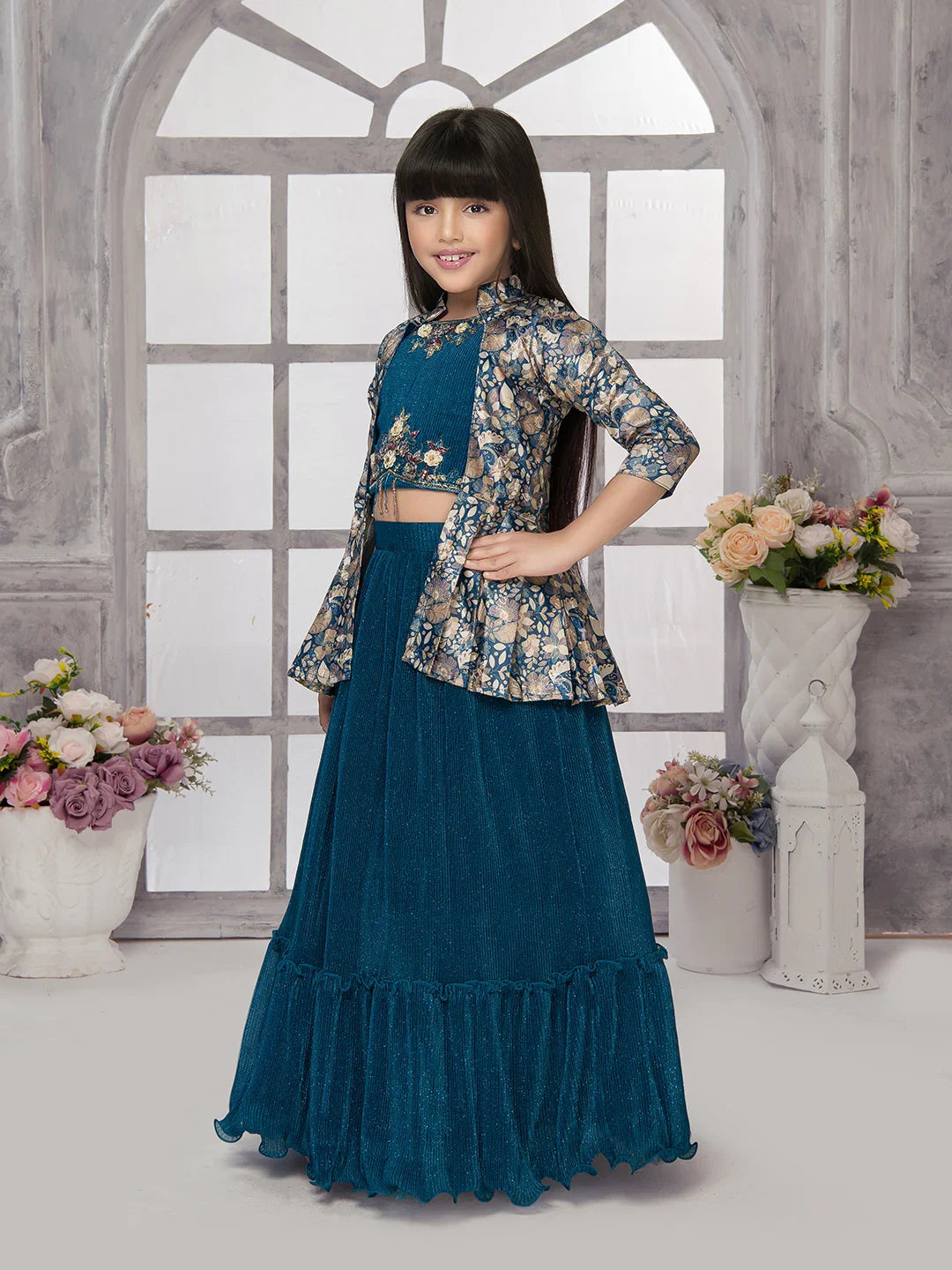 Betty Powder Blue Embroidered Girls' Lehenga Choli Set with Jacket – Ready to Wear (5–15 Years)