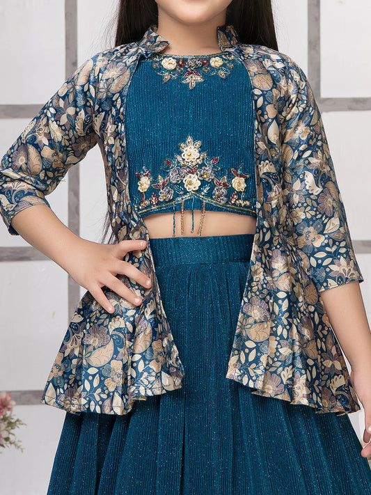 Betty Powder Blue Embroidered Girls' Lehenga Choli Set with Jacket – Ready to Wear (5–15 Years)