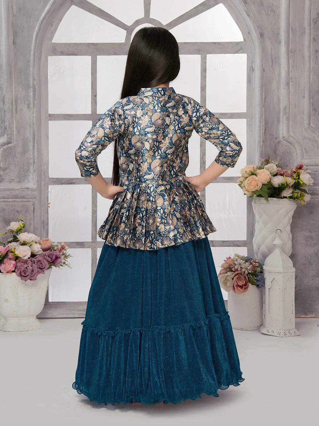 Betty Powder Blue Embroidered Girls' Lehenga Choli Set with Jacket – Ready to Wear (5–15 Years)