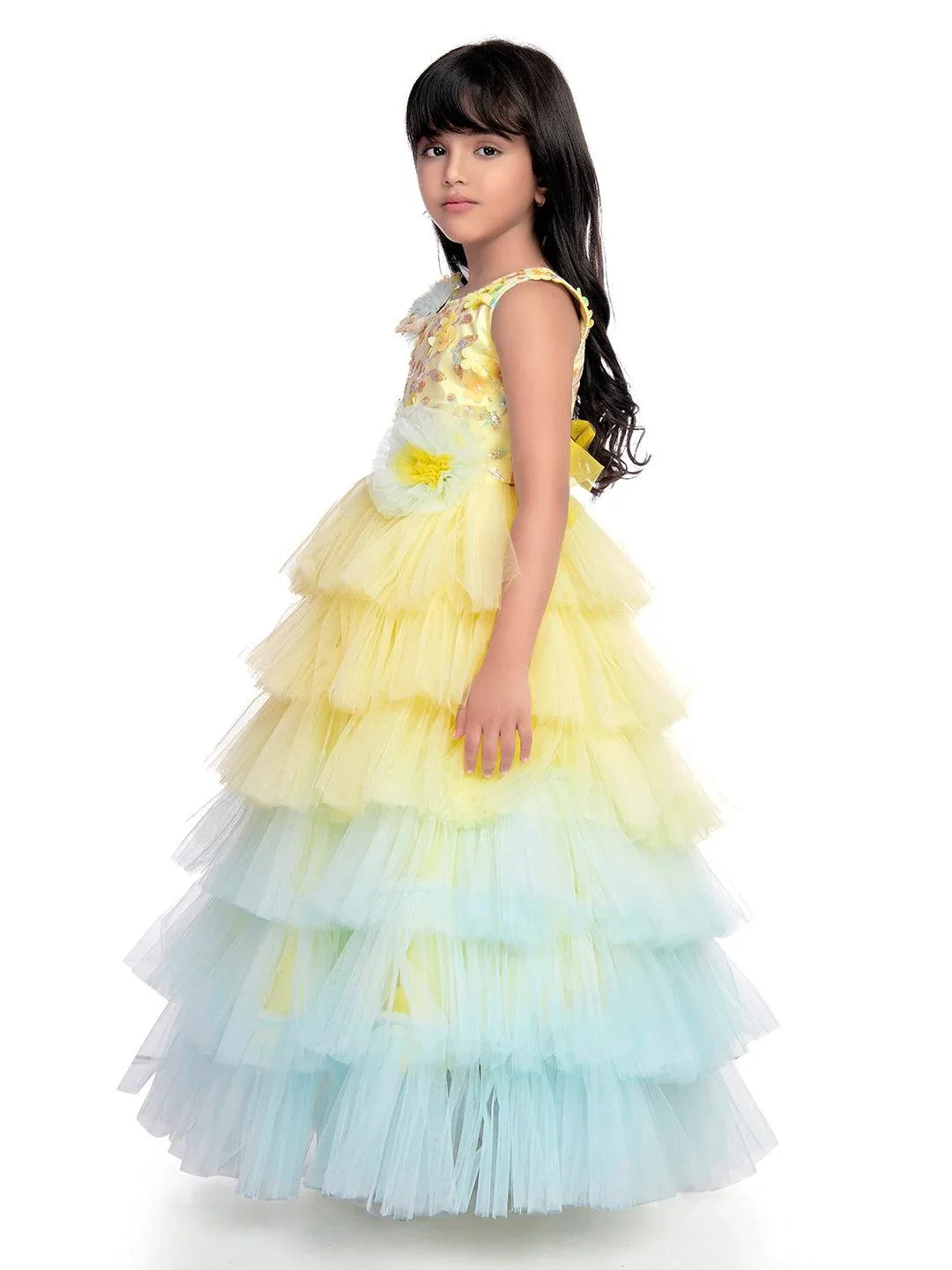 Lemon Coloured Trendy Frill Style Gowns For Girls / Imported Gown For Girls / 6 Frills / Birthday Dress - Betty Ethnic India - Gown - Betty Girls Wear Online