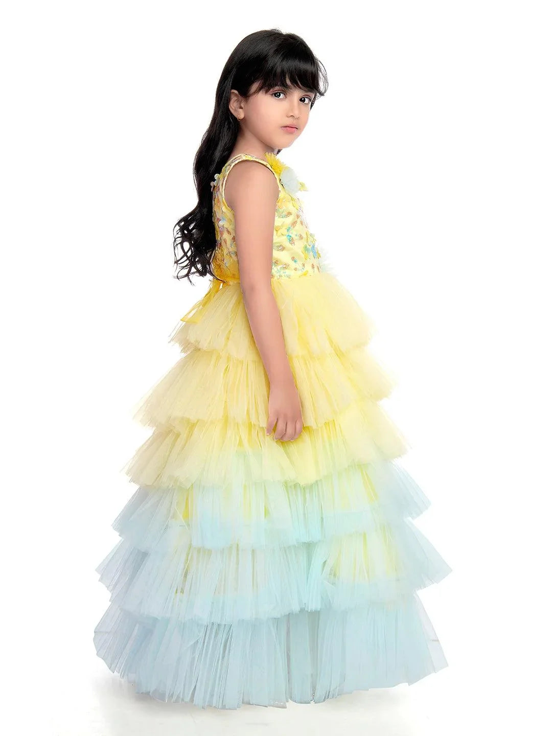 Lemon Coloured Trendy Frill Style Gowns For Girls / Imported Gown For Girls / 6 Frills / Birthday Dress - Betty Ethnic India - Gown - Betty Girls Wear Online