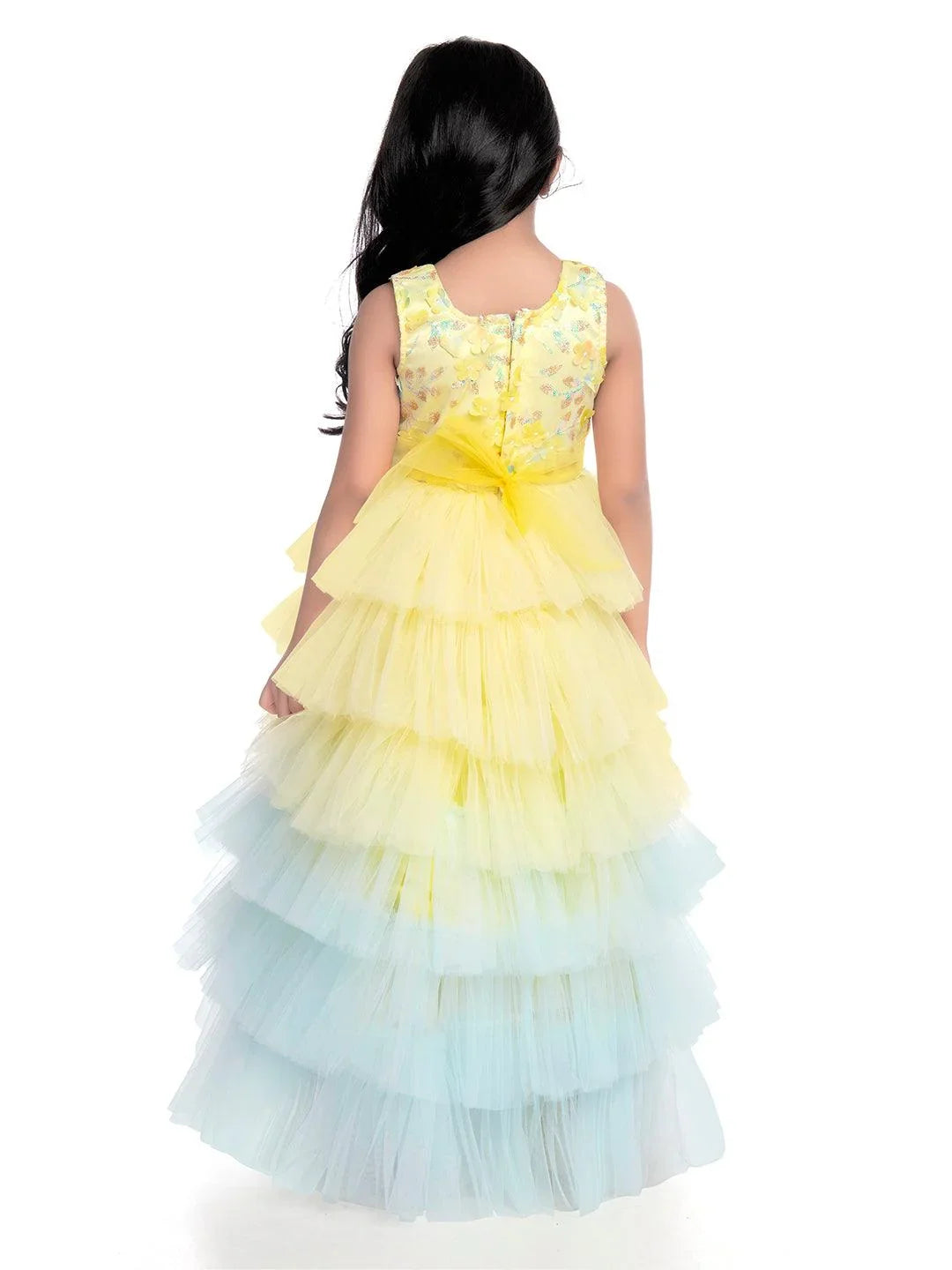 Lemon Coloured Trendy Frill Style Gowns For Girls / Imported Gown For Girls / 6 Frills / Birthday Dress - Betty Ethnic India - Gown - Betty Girls Wear Online