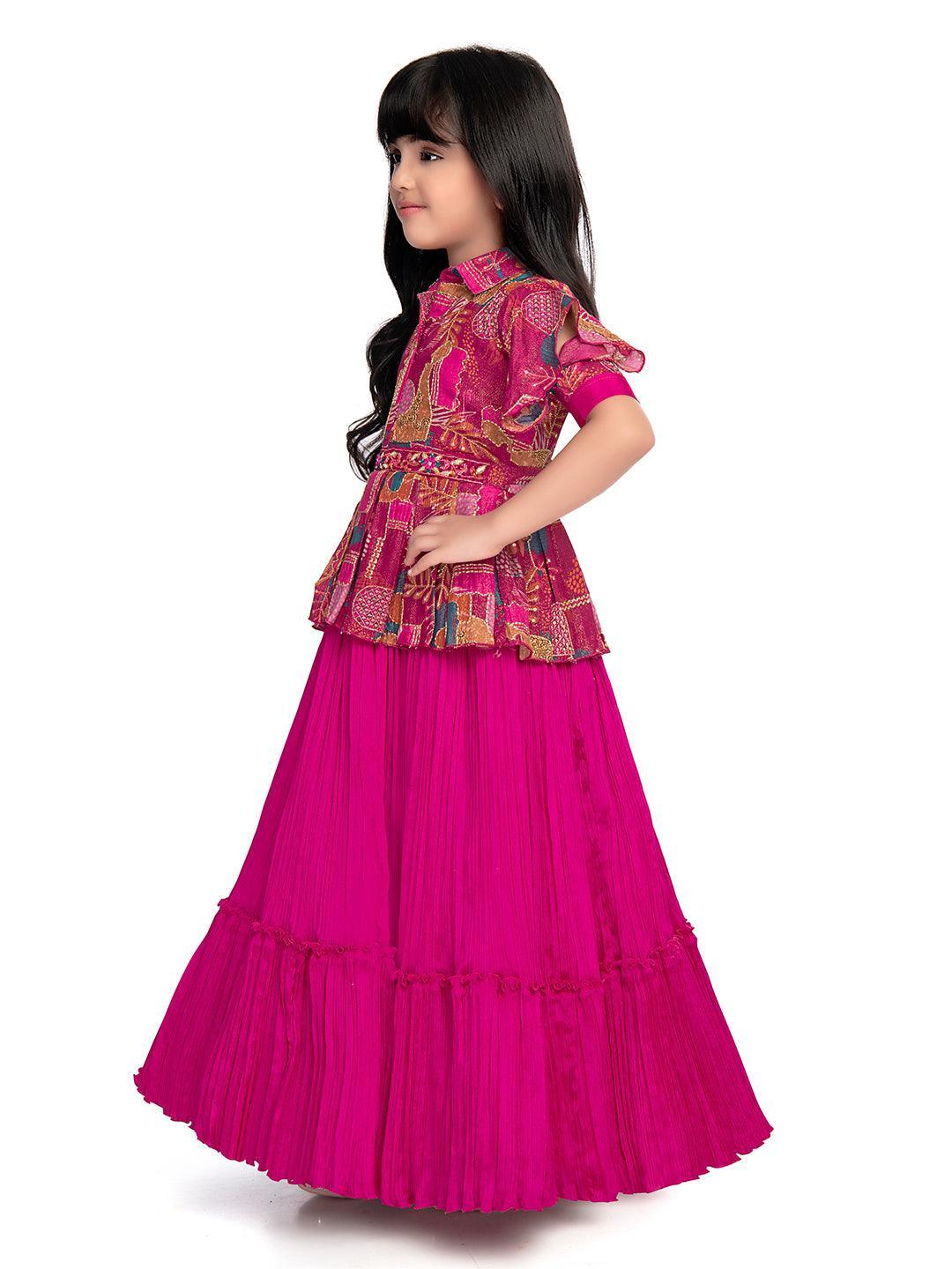 Collar Style Gown For Girls / Position Print Ethnic Gowns Online / Rani Coloured Floral Dress For Girls - Betty Ethnic India - Gown - Betty Girls Wear Online