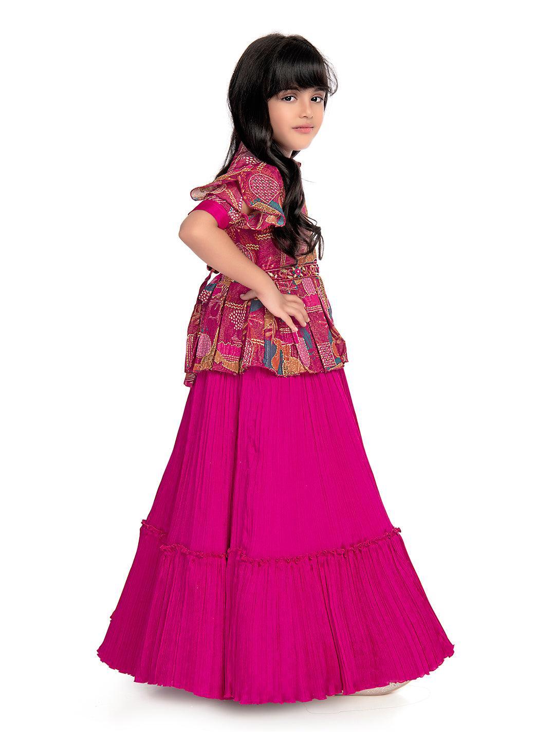 Collar Style Gown For Girls / Position Print Ethnic Gowns Online / Rani Coloured Floral Dress For Girls - Betty Ethnic India - Gown - Betty Girls Wear Online