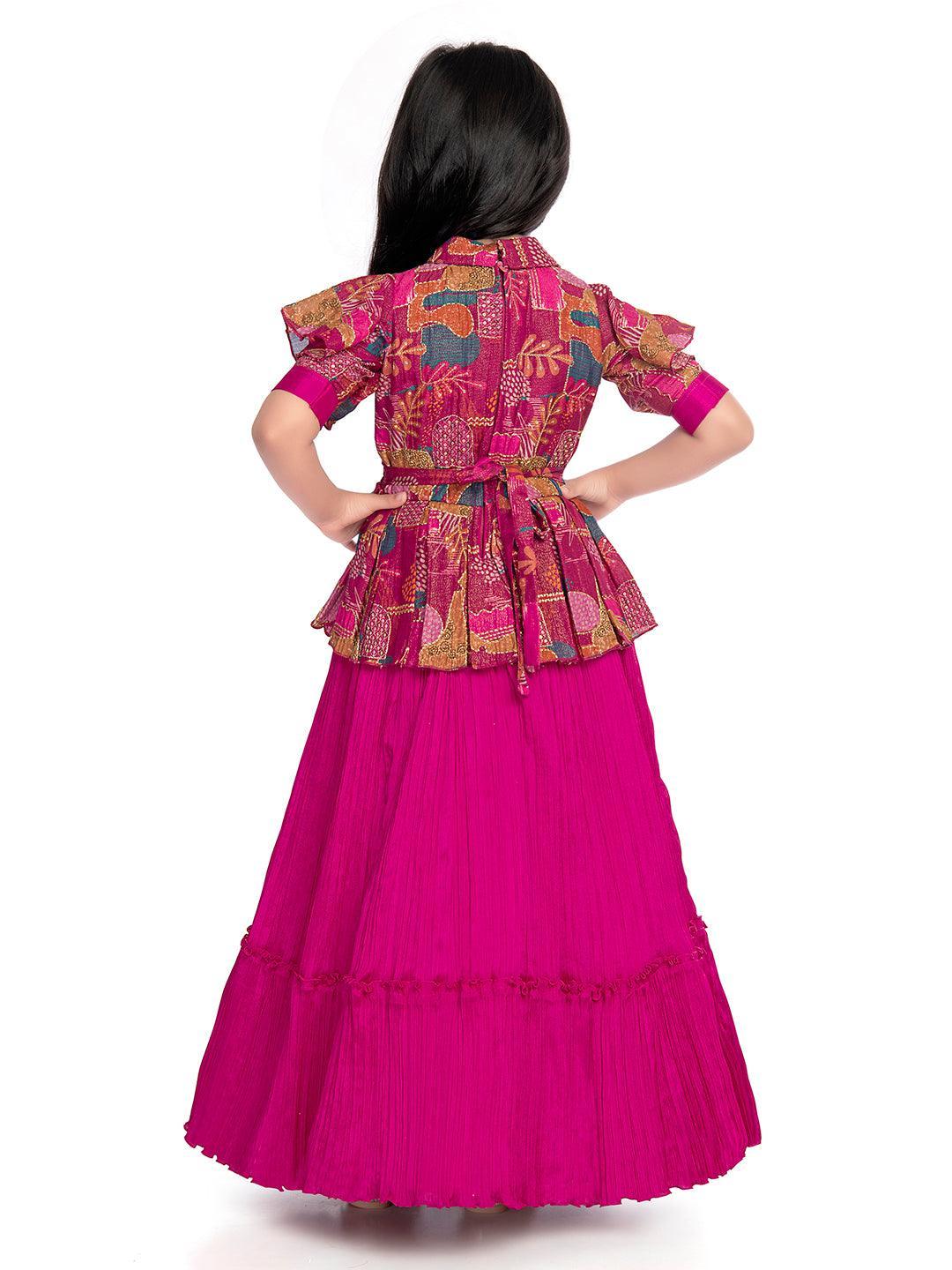 Collar Style Gown For Girls / Position Print Ethnic Gowns Online / Rani Coloured Floral Dress For Girls - Betty Ethnic India - Gown - Betty Girls Wear Online