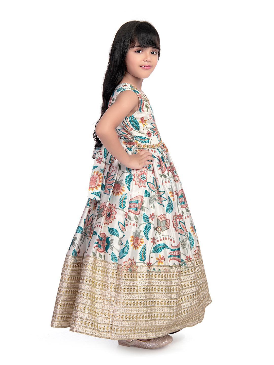 Cream Coloured Pure Viscose Heavy Border Gown For Girls / Pure Ethnic Wear Online - Betty Ethnic India - Gown - Betty Girls Wear Online