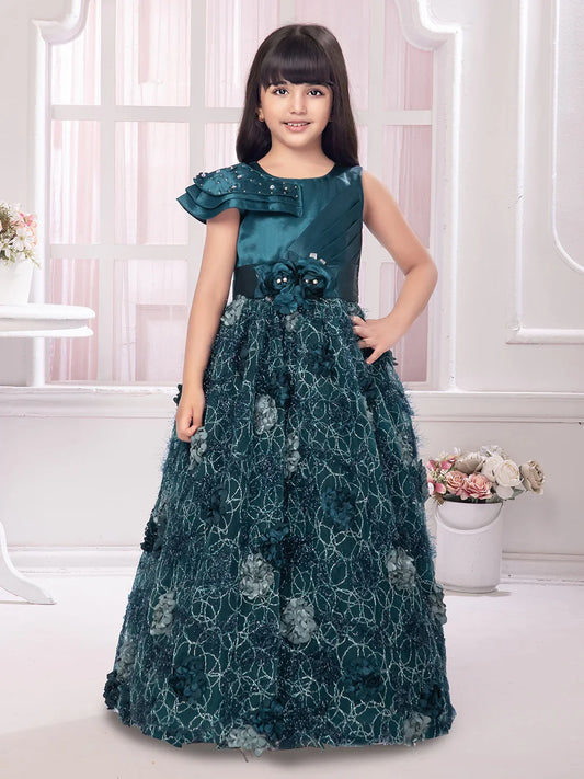 Betty Emerald Green Embellished Gown with 3D Floral Appliqué – Girls' Premium Party Dress