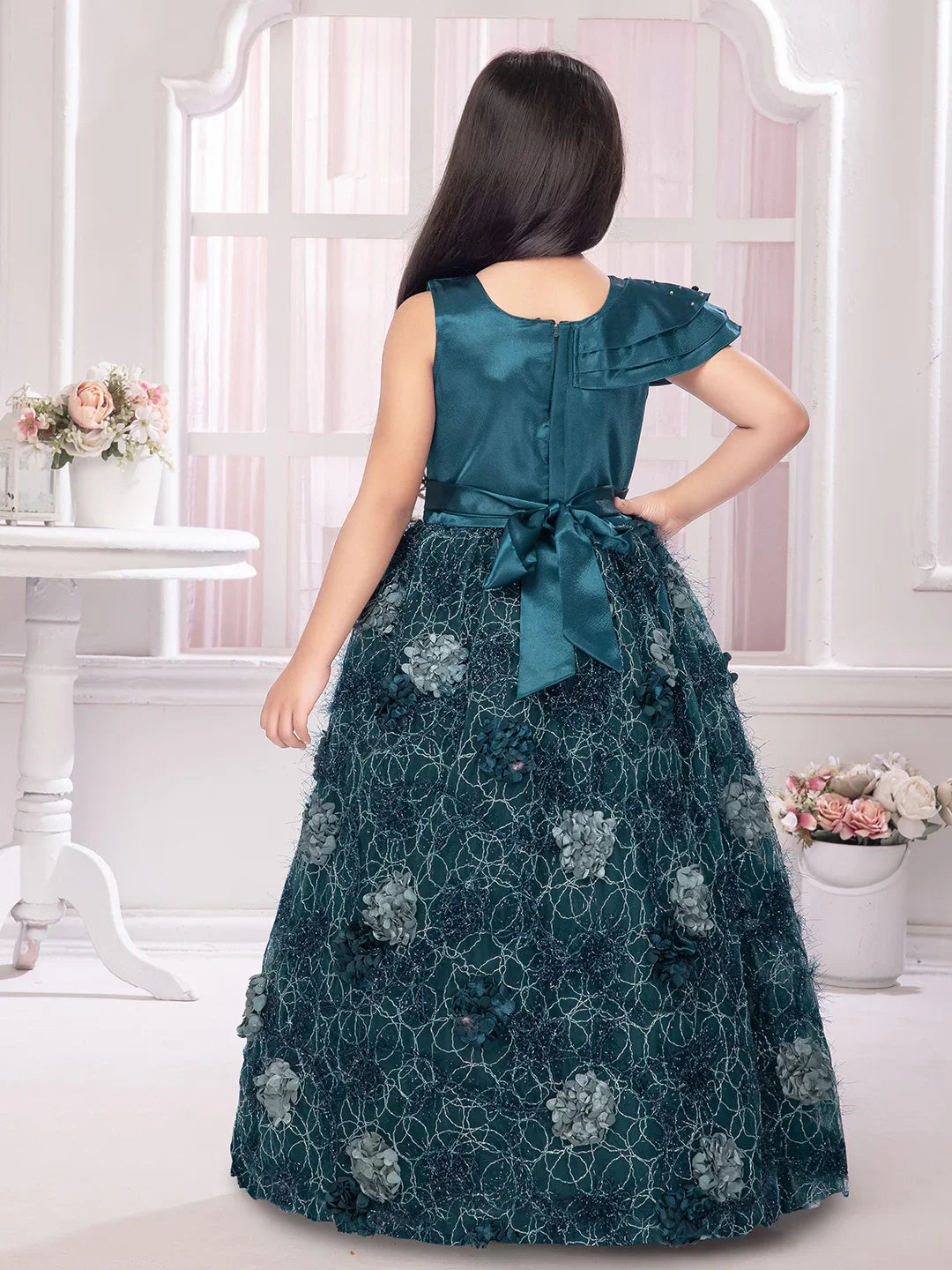 Betty Emerald Green Embellished Gown with 3D Floral Appliqué – Girls' Premium Party Dress