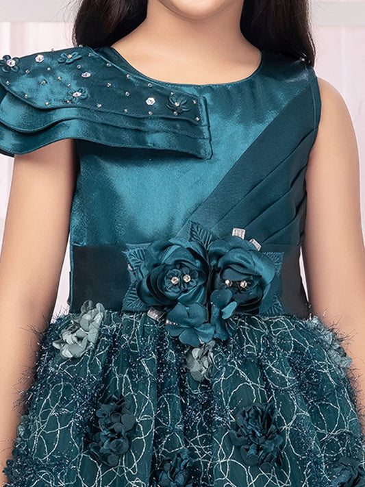 Betty Emerald Green Embellished Gown with 3D Floral Appliqué – Girls' Premium Party Dress