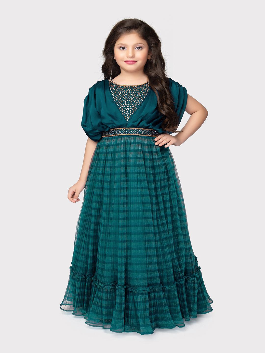 Peacock Blue Embellished Georgette Fabric for Party Occasions. Round Neck, Short Puff Sleeves, Trendy Butterfly Style Gown For Girls - Betty Ethnic India - Gown - Betty Girls Wear Online