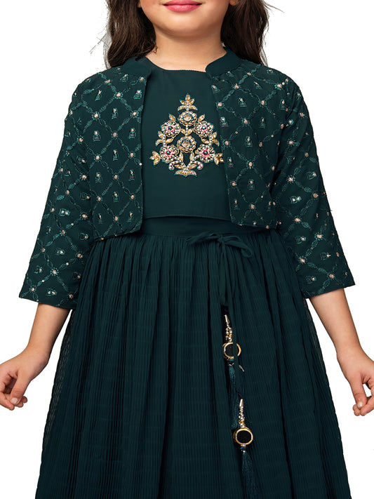 Embroidered Lehenga Choli Set with Beads and Stones - Ready-to-Wear Georgette Fabric, featuring a Flared Hem and a Stunning Separate Jacket Which Completes The Look For Girls