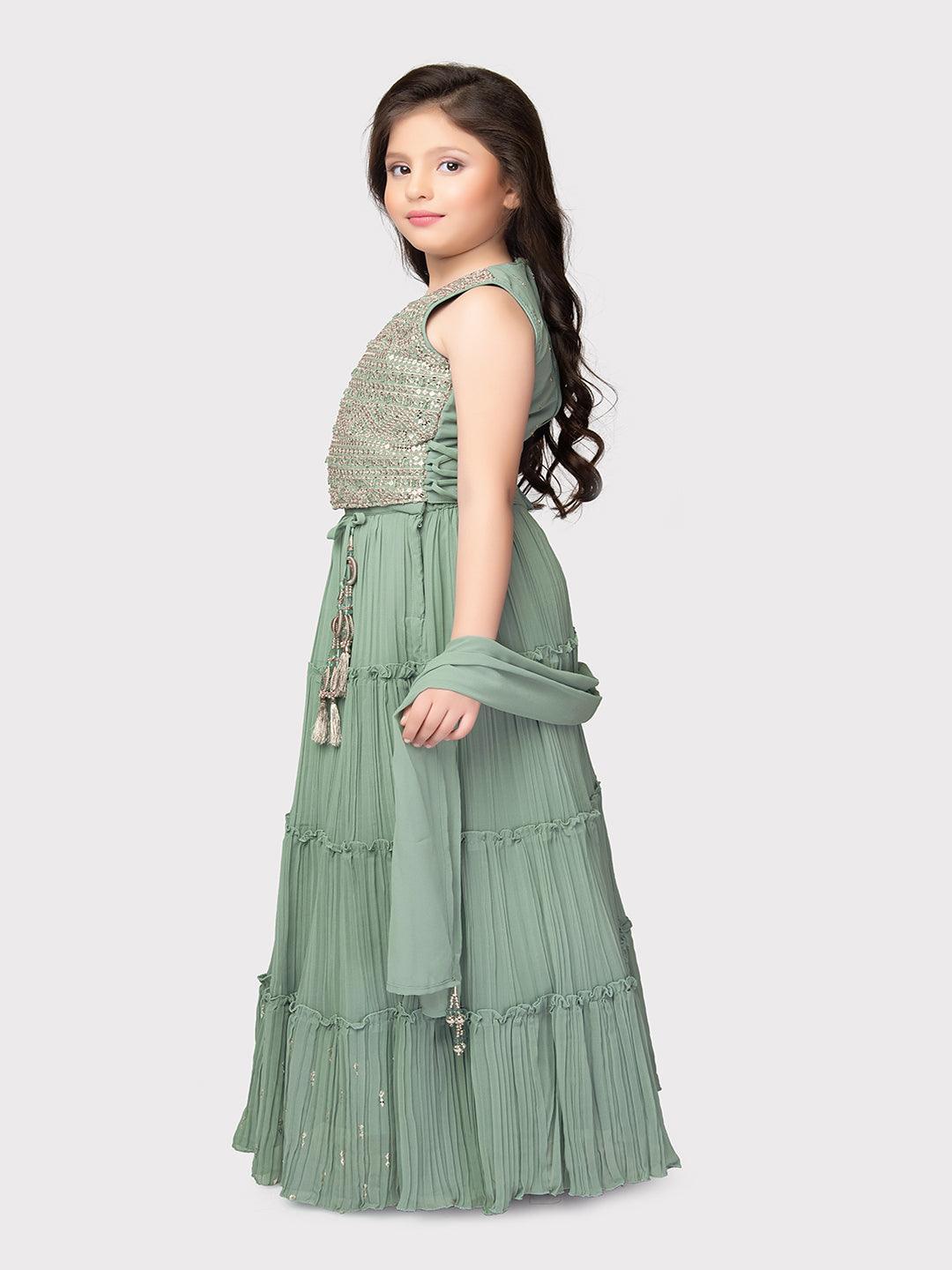 Sequinned Embellished Lehenga Choli with Ready-to-Wear Blouse and Dupatta - Georgette Fabric, Tassel Border For Girls - Betty Ethnic India - Saree & Lehenga - Betty Girls Wear Online