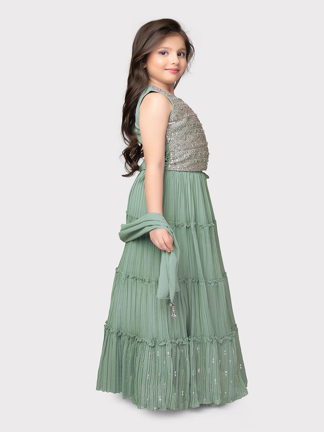 Sequinned Embellished Lehenga Choli with Ready-to-Wear Blouse and Dupatta - Georgette Fabric, Tassel Border For Girls - Betty Ethnic India - Saree & Lehenga - Betty Girls Wear Online