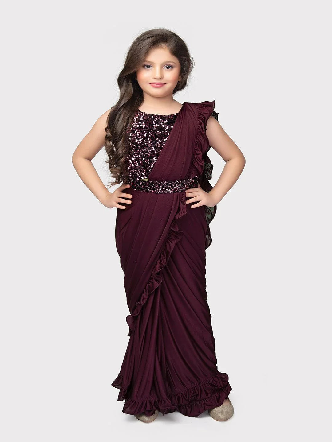 Wine Coloured Top with Sequined Detailing- Stitched Blouse, and Ready-to-Wear. Perfect for Party Occasions, Drape Saree For Girls - Betty Ethnic India - Saree & Lehenga - Betty Girls Wear Online