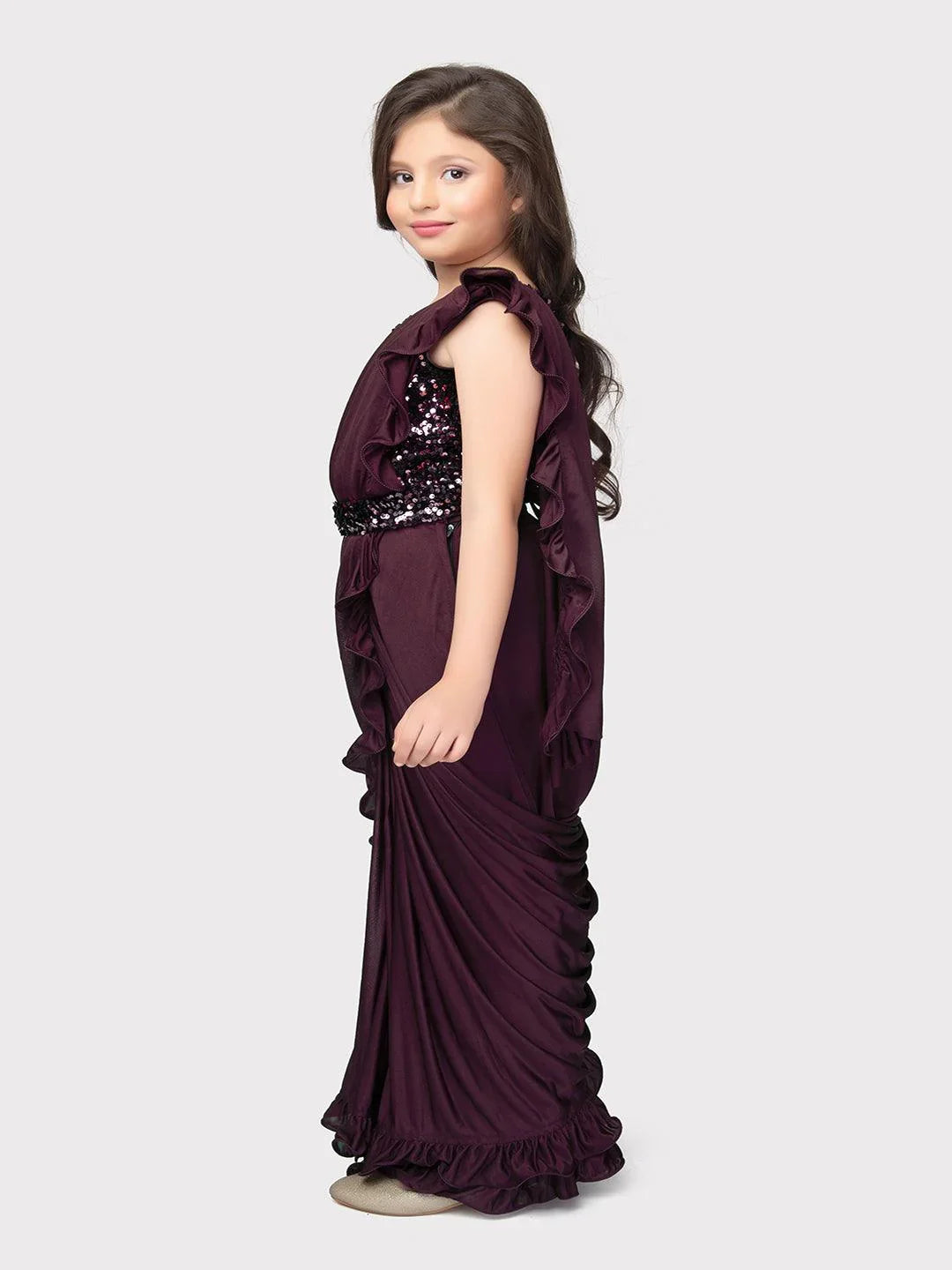 Wine Coloured Top with Sequined Detailing- Stitched Blouse, and Ready-to-Wear. Perfect for Party Occasions, Drape Saree For Girls - Betty Ethnic India - Saree & Lehenga - Betty Girls Wear Online