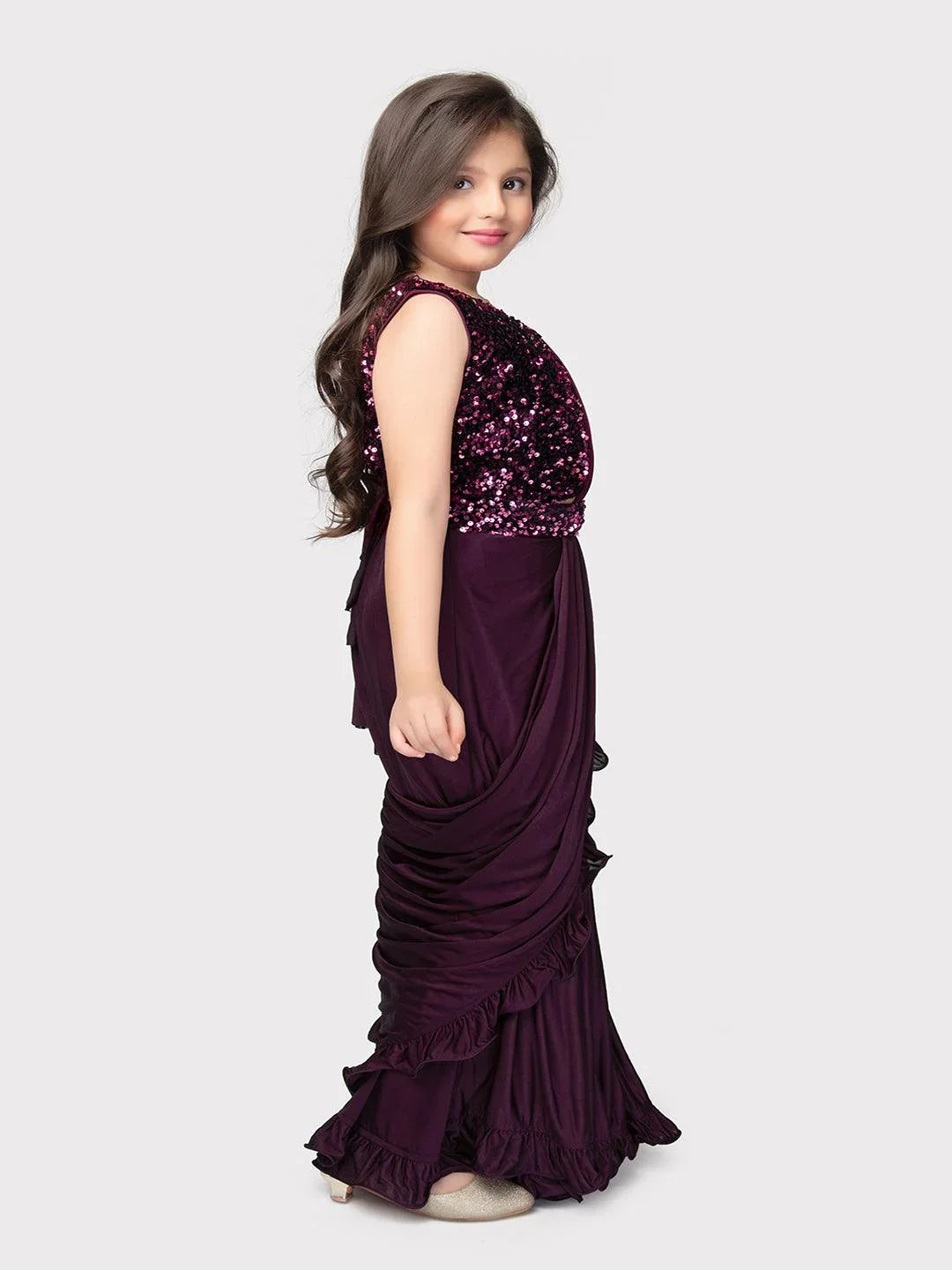 Wine Coloured Top with Sequined Detailing- Stitched Blouse, and Ready-to-Wear. Perfect for Party Occasions, Drape Saree For Girls - Betty Ethnic India - Saree & Lehenga - Betty Girls Wear Online
