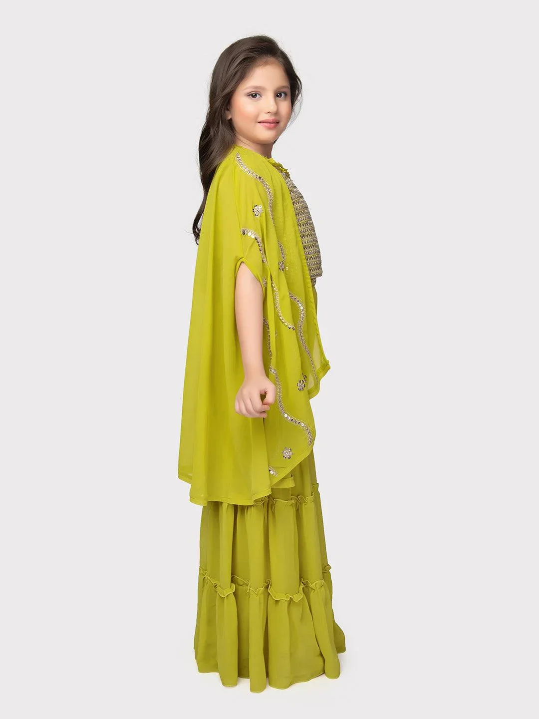 Lemon Coloured Embellished Top, Solid Sharara, Stylish Shrug - Crafted from Georgette Fabric. Perfect for Ethnic Occasions For Girls - Betty Ethnic India - Gharara / Sharara Set - Betty Girls Wear Online