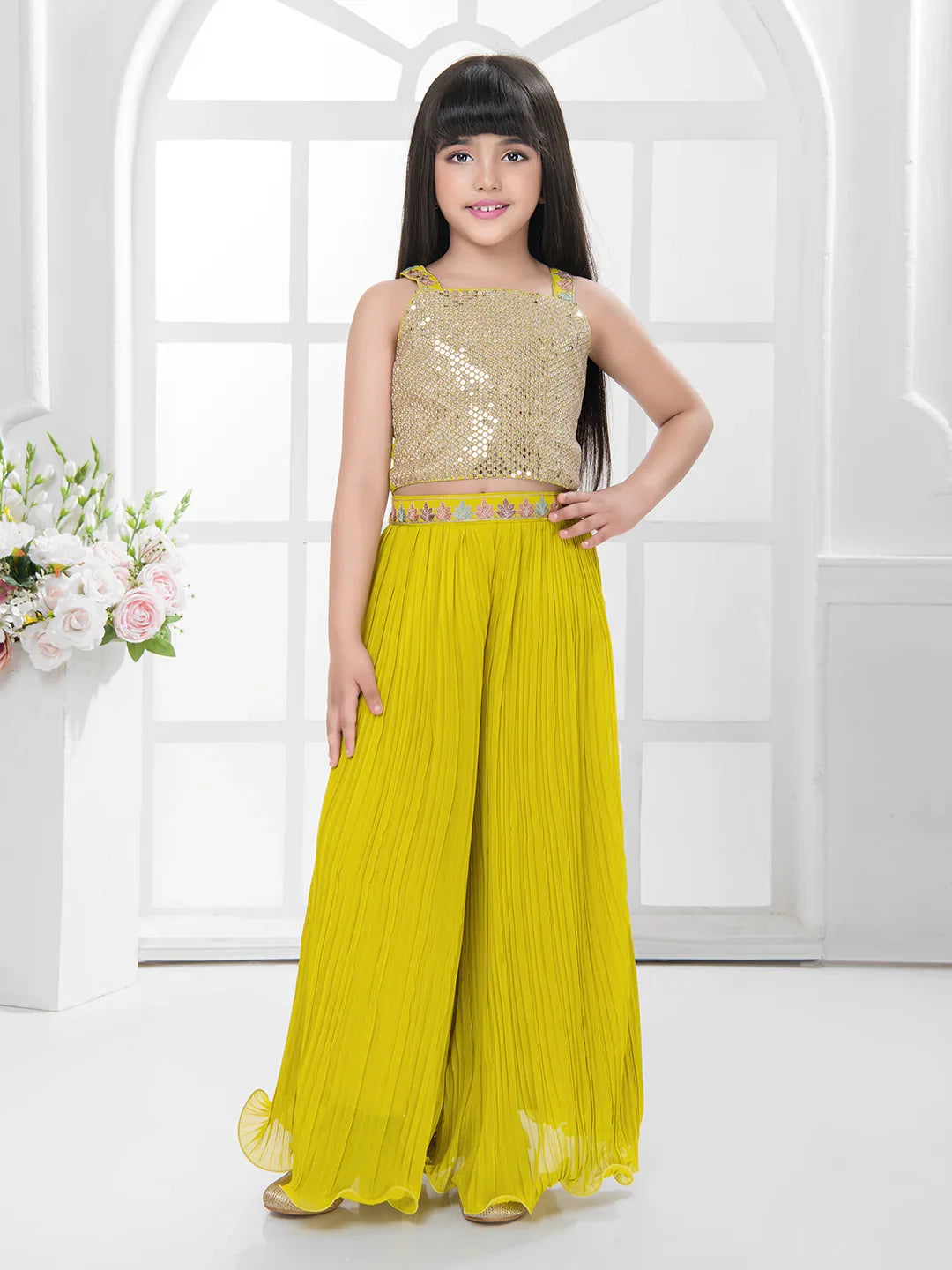 Yellow Embroidered Top & Palazzo Set with Shimmer Work Jacket – Festive Wear for Girls