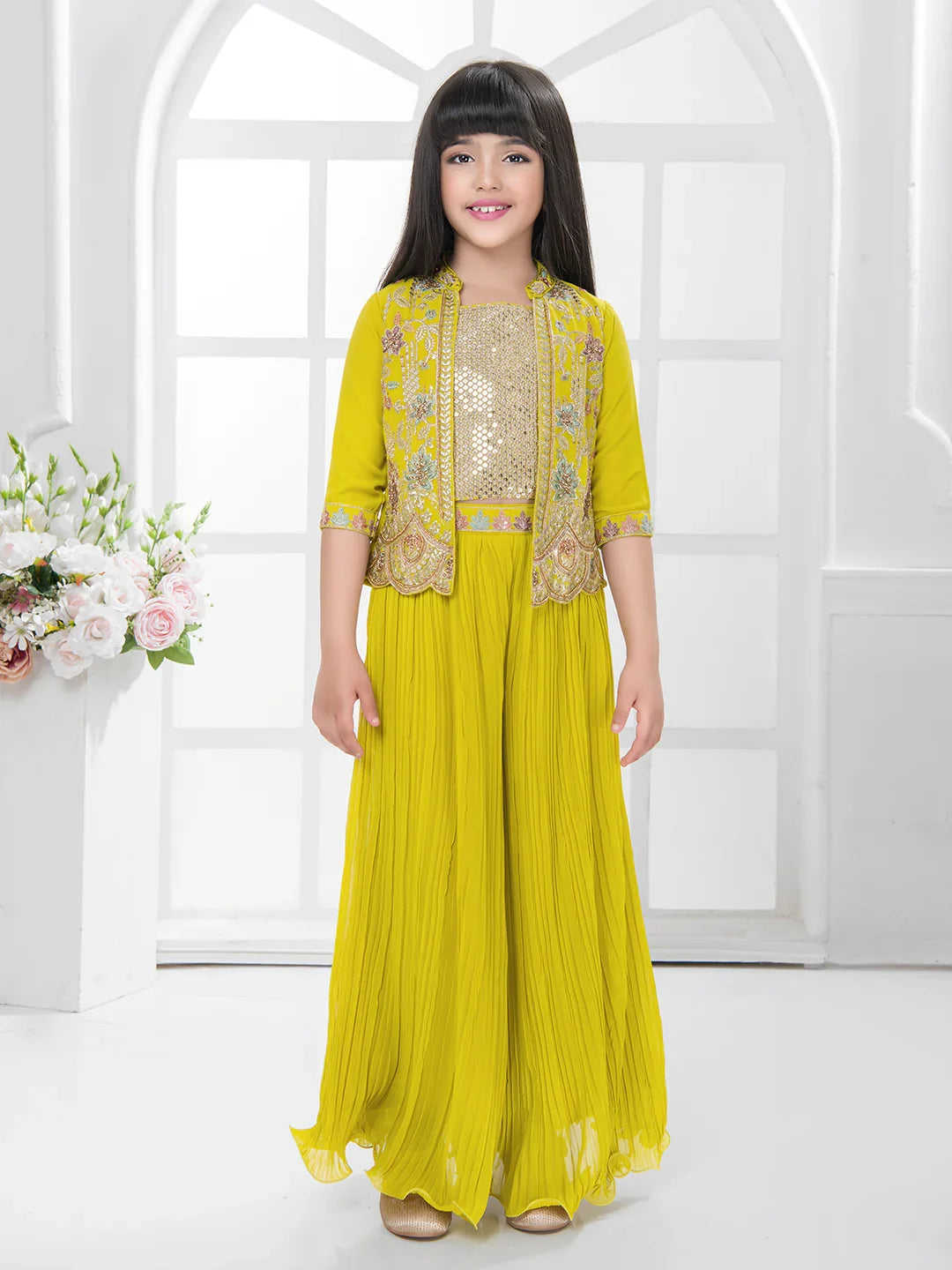 Yellow Embroidered Top & Palazzo Set with Shimmer Work Jacket – Festive Wear for Girls