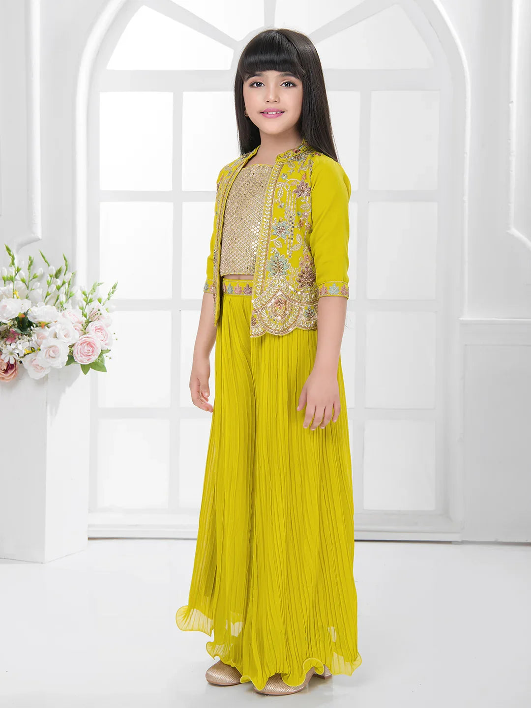 Yellow Embroidered Top & Palazzo Set with Shimmer Work Jacket – Festive Wear for Girls
