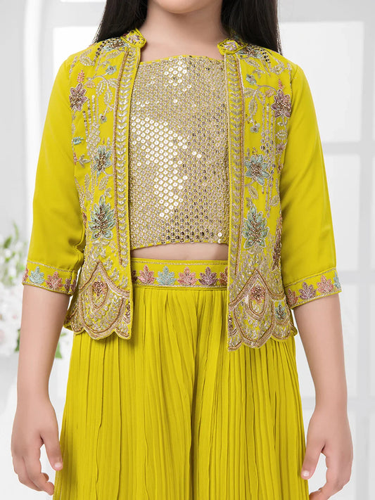 Yellow Embroidered Top & Palazzo Set with Shimmer Work Jacket – Festive Wear for Girls