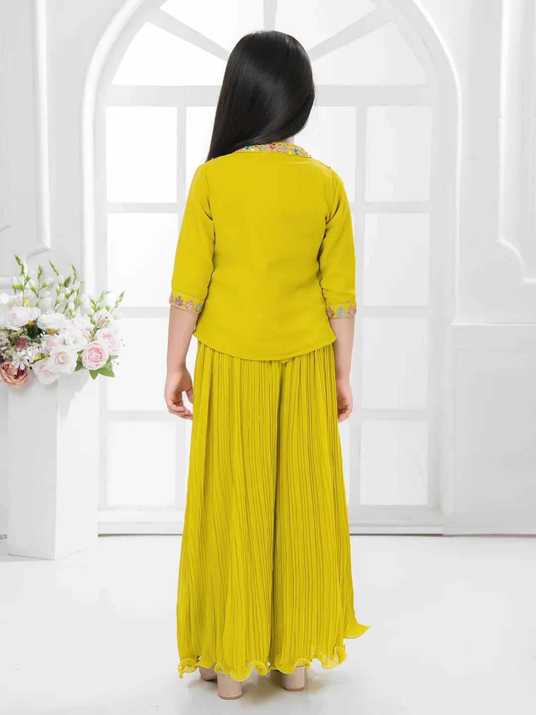 Yellow Embroidered Top & Palazzo Set with Shimmer Work Jacket – Festive Wear for Girls