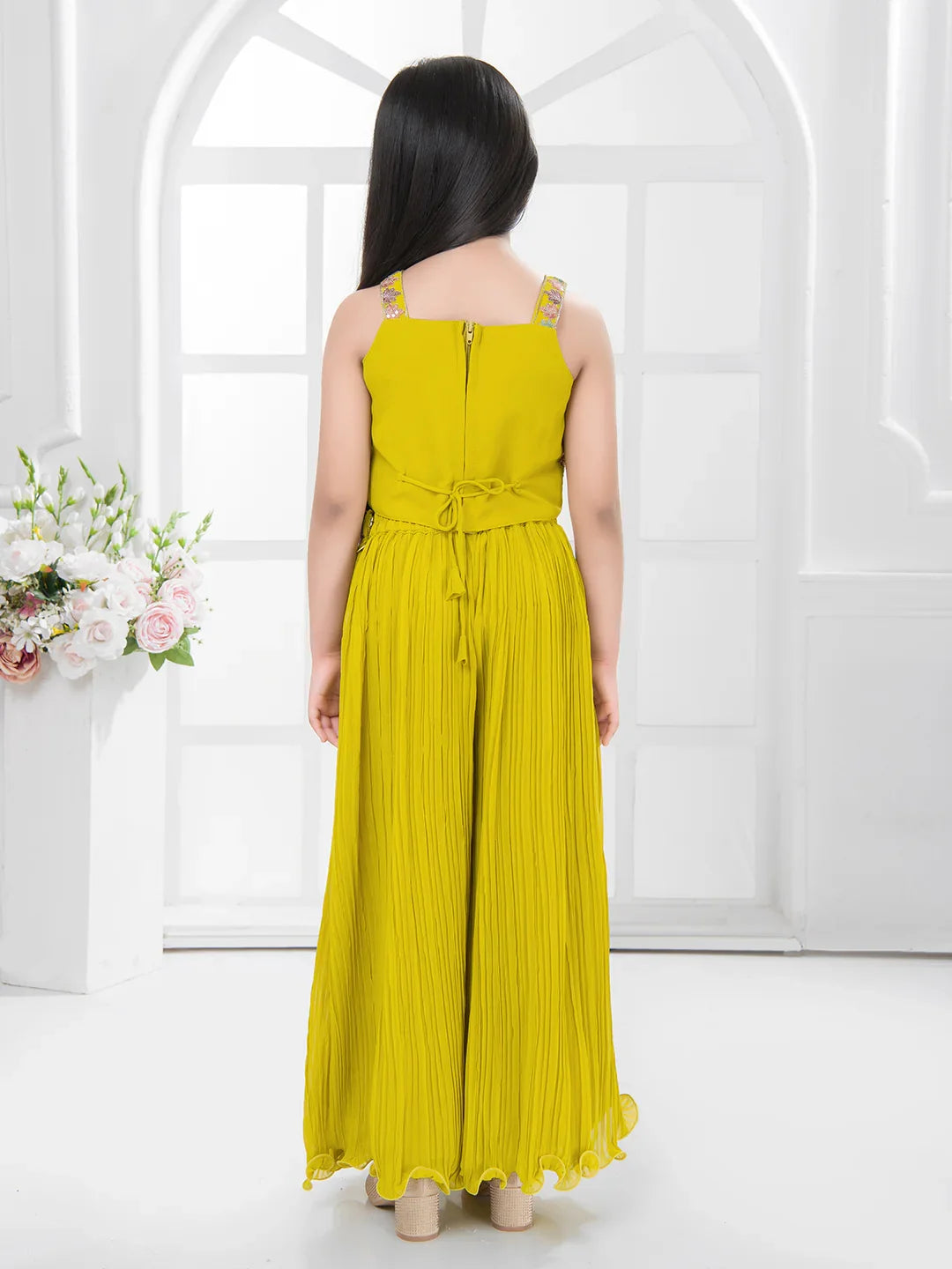 Yellow Embroidered Top & Palazzo Set with Shimmer Work Jacket – Festive Wear for Girls