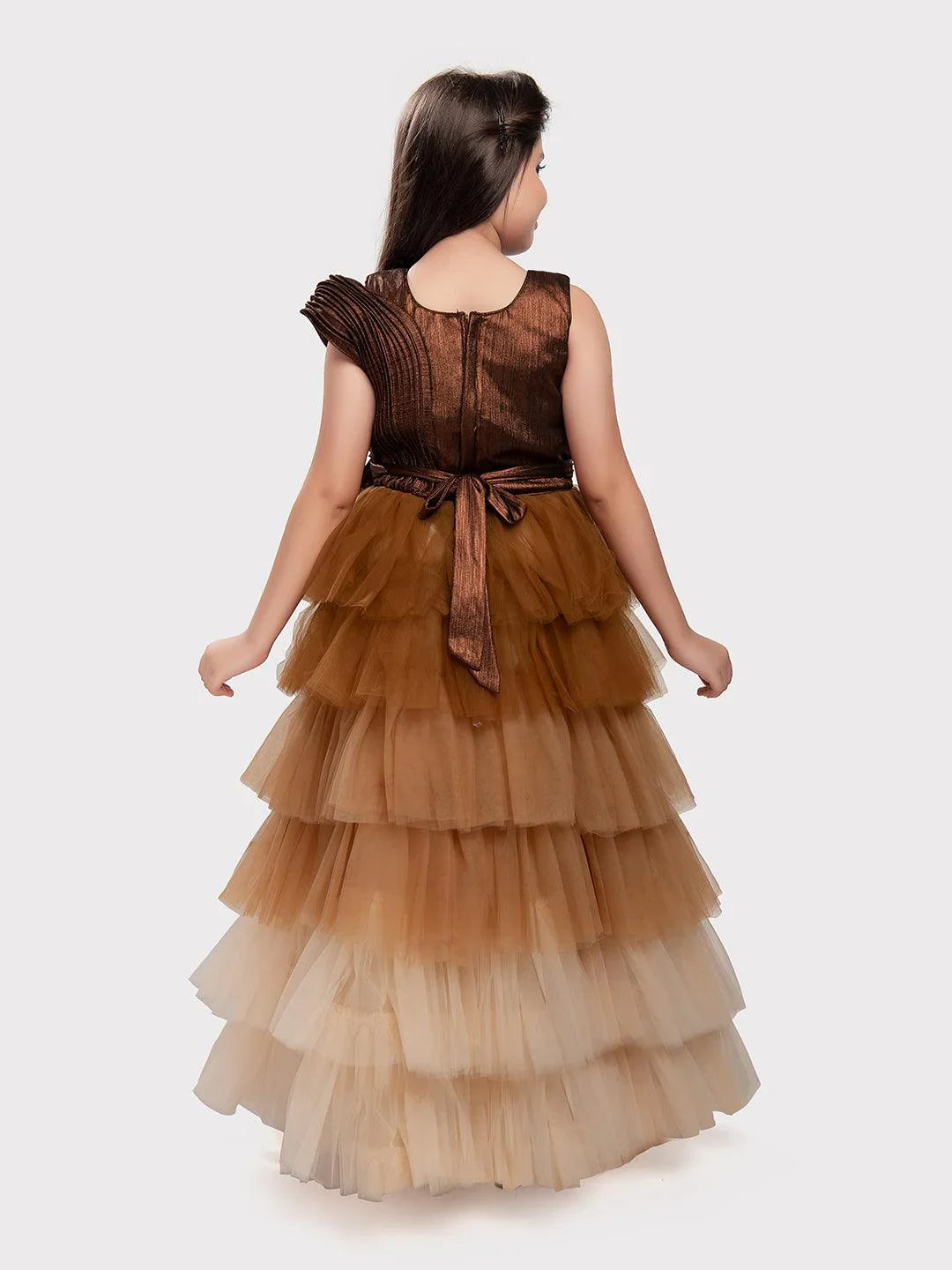 Gold Coloured Trendy Wire Style Unique Imported Net Frill Ethnic Gown For Girls - Betty Ethnic India - Gown - Betty Girls Wear Online