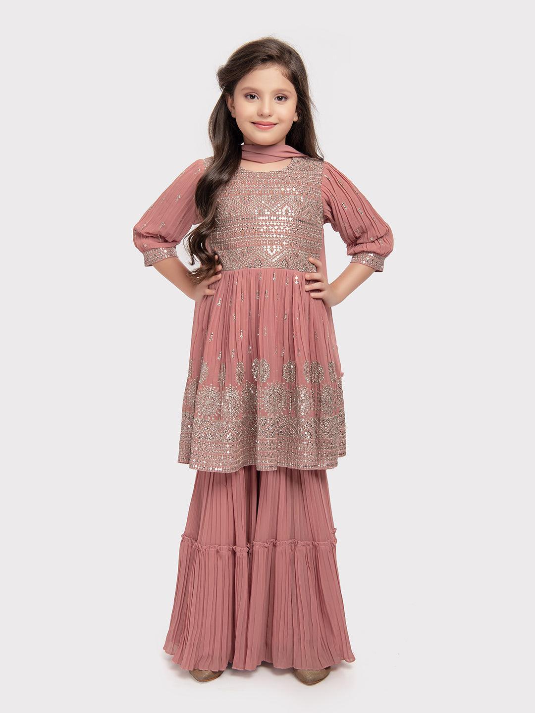 Peach Coloured Embroidered Kurta with Salwar and Dupatta \Simple Gharara And Sharara For Girls - Betty Ethnic India - Gharara / Sharara Set - Betty Girls Wear Online