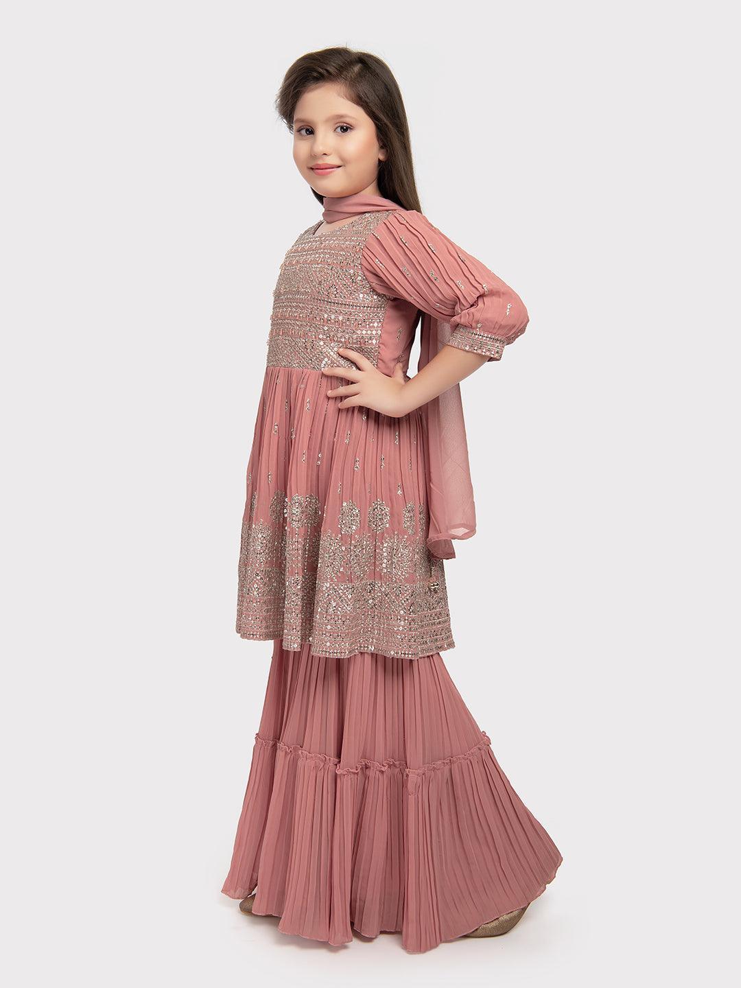 Peach Coloured Embroidered Kurta with Salwar and Dupatta \Simple Gharara And Sharara For Girls - Betty Ethnic India - Gharara / Sharara Set - Betty Girls Wear Online